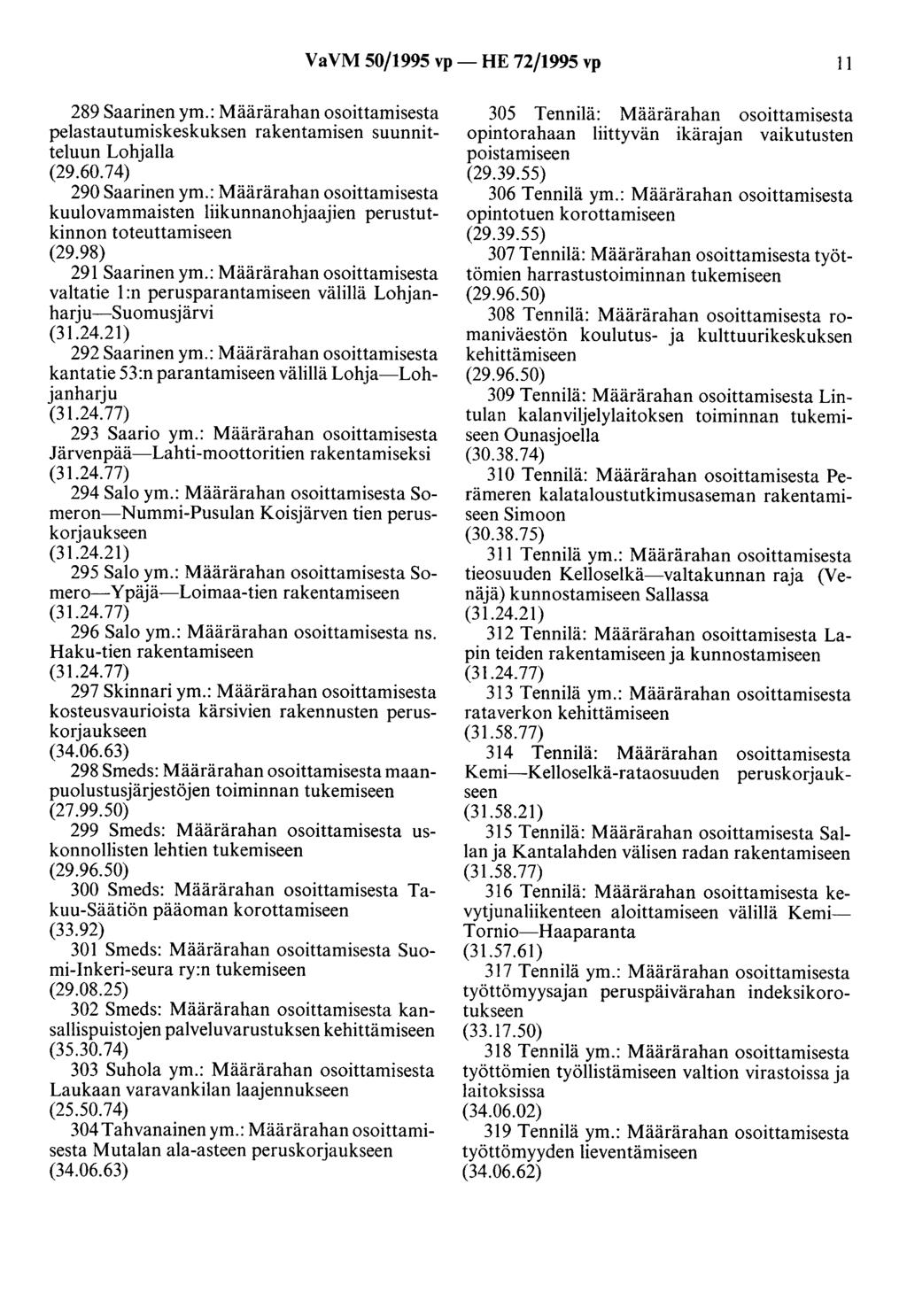 VaVM 50/1995 vp- HE 72/1995 vp 11 289 Saarinen ym.: Määrärahan osoittamisesta pelastautumiskeskuksen rakentamisen suunnitteluun Lohjalla (29.60.74) 290 Saarinen ym.