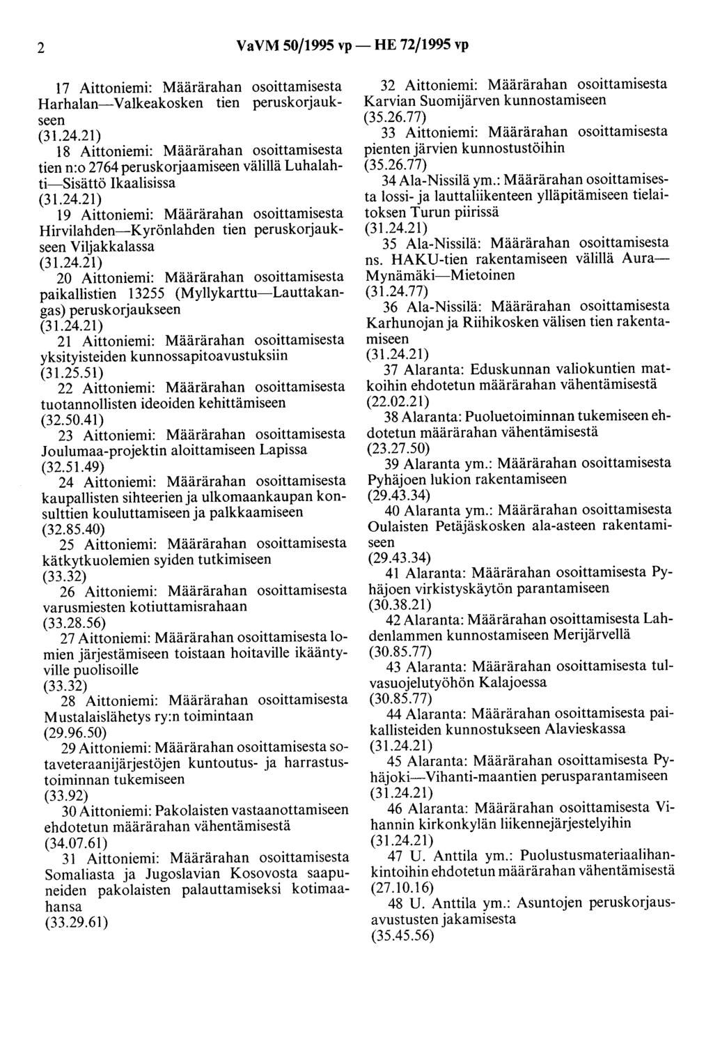 2 VaVM 50/1995 vp- HE 72/1995 vp 17 Aittoniemi: Määrärahan osoittamisesta Harhalan-Valkeakosken tien peruskorjaukseen (31.24.