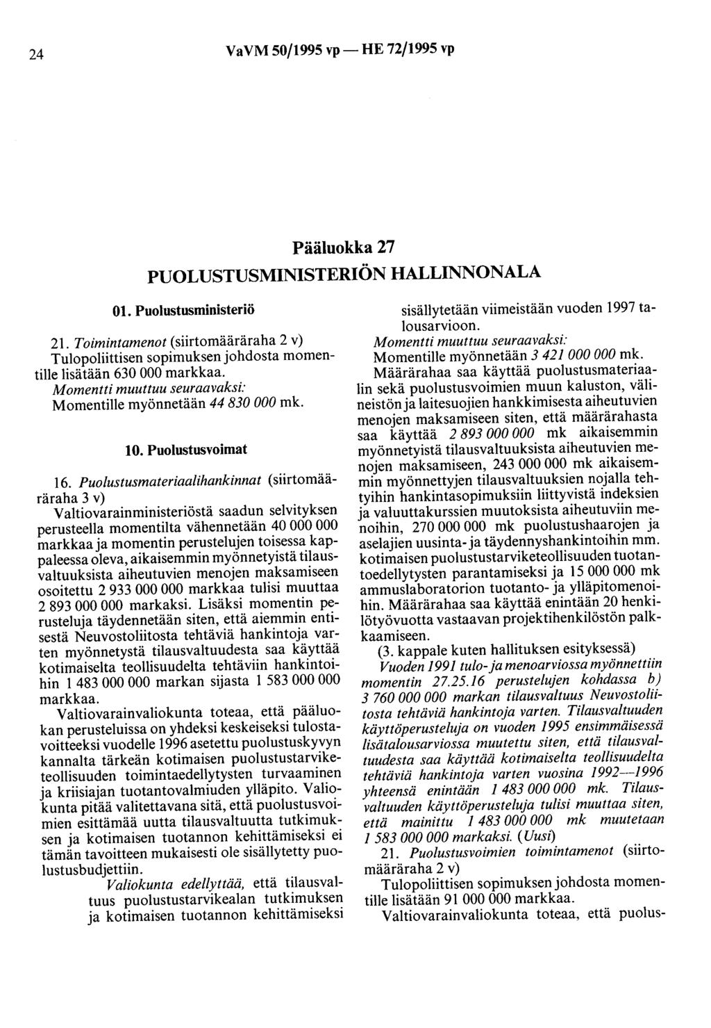 24 VaVM 50/1995 vp- HE 72/1995 vp Pääluokka 27 PUOLUSTUSMINISTERIÖN HALLINNONALA 01. Puolustusministeriö lisätään 630 000 markkaa. Momentille myönnetään 44 830 000 mk. 10. Puolustusvoimat 16.