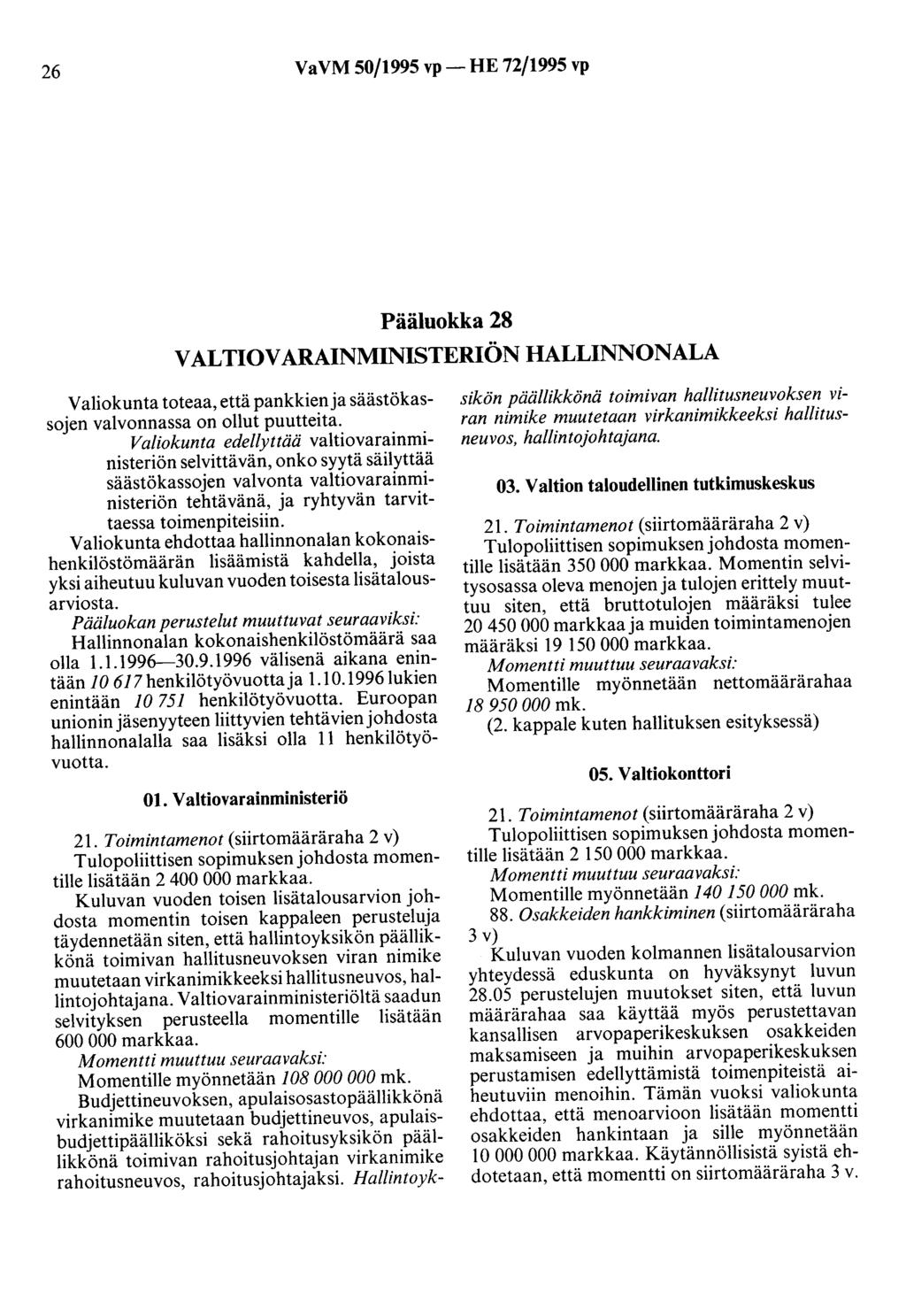 26 VaVM 50/1995 vp- HE 72/1995 vp Pääluokka 28 VALTIOVARAINMINISTERIÖN HALLINNONALA Valiokunta toteaa, että pankkien ja säästökassojen valvonnassa on ollut puutteita.