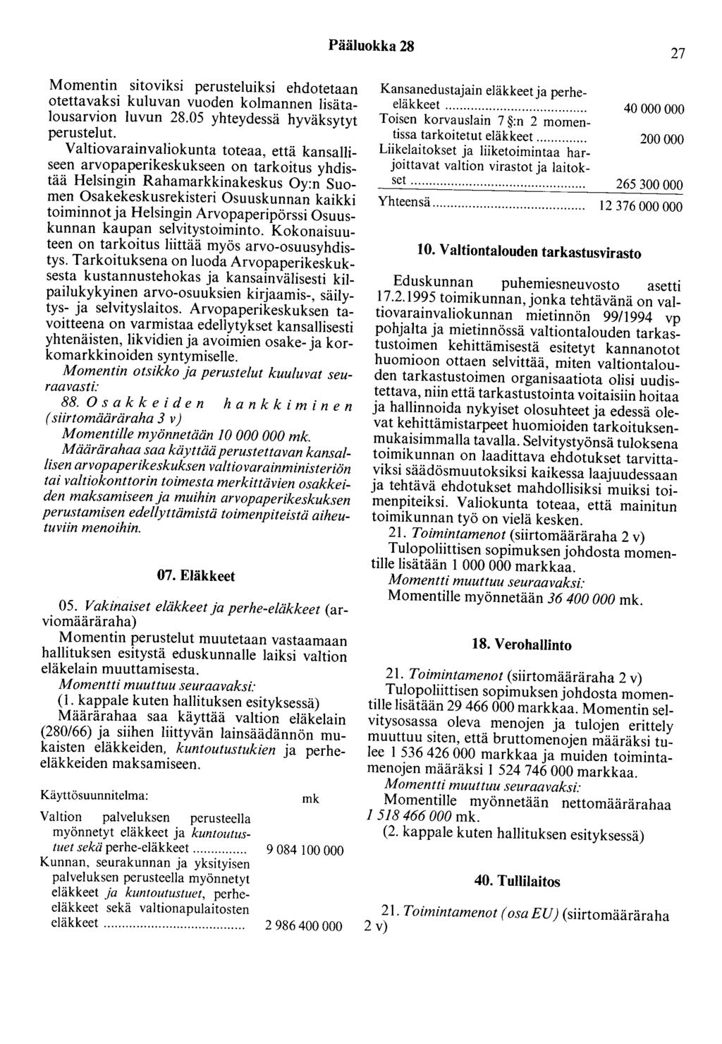 Pääluokka 28 27 Momentin sitoviksi perusteluiksi ehdotetaan otettavaksi kuluvan vuoden kolmannen lisätalousarvion luvun 28.05 yhteydessä hyväksytyt perustelut.