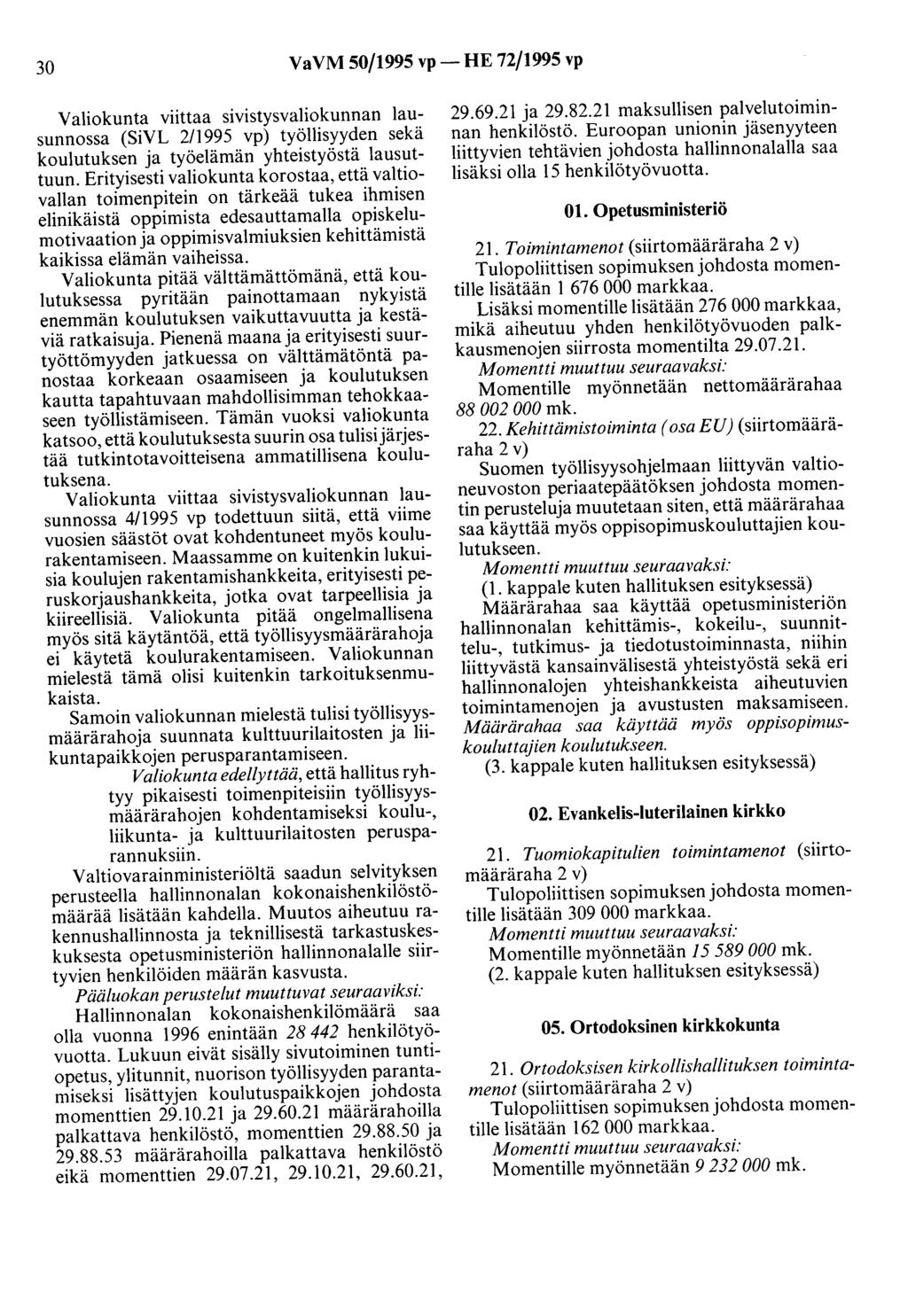30 VaVM 50/1995 vp- HE 72/1995 vp Valiokunta viittaa sivistysvaliokunnan lausunnossa (SiVL 2/1995 vp) työllisyyden sekä koulutuksen ja työelämän yhteistyöstä lausuttuun.