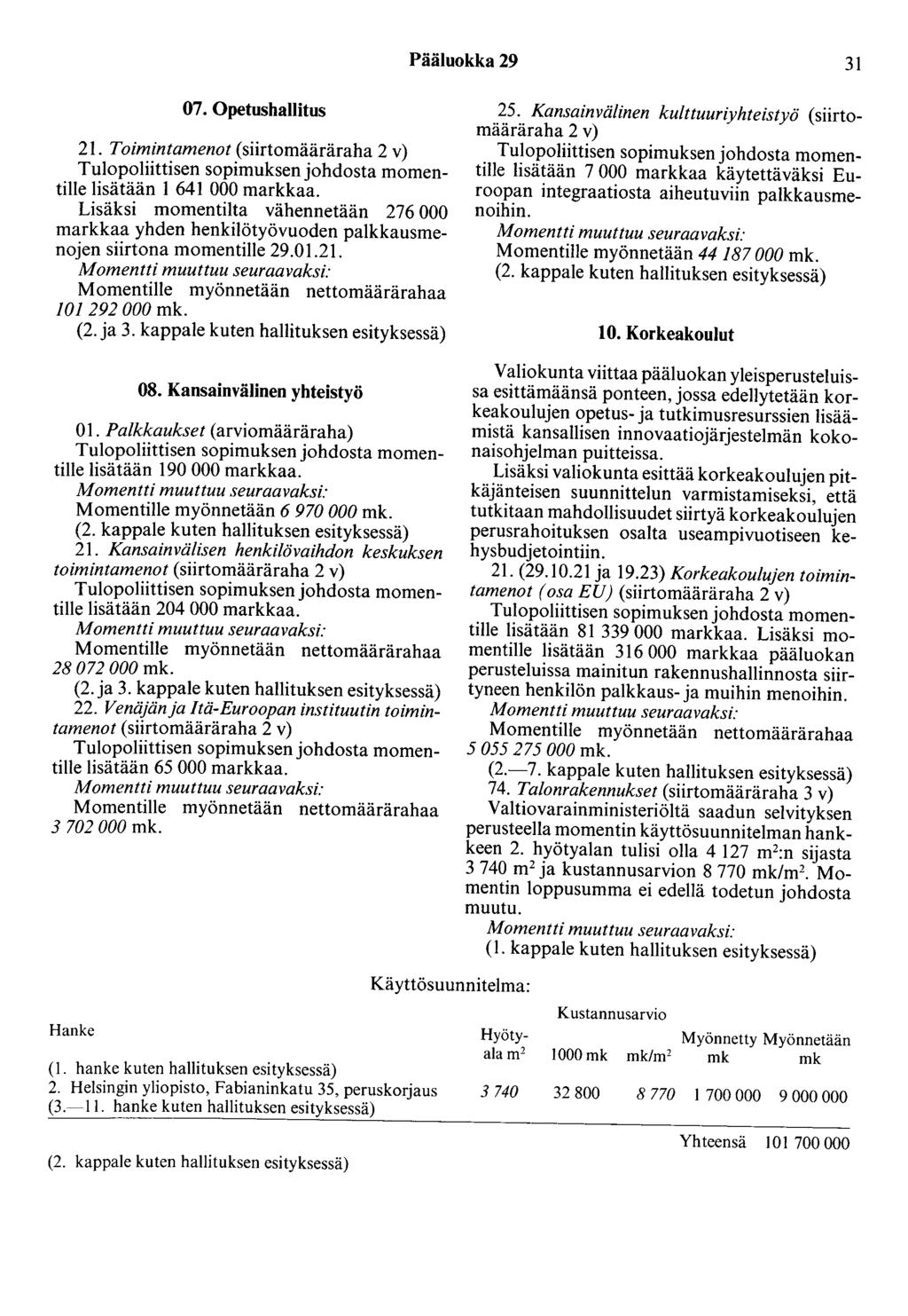 Pääluokka 29 31 07. Opetushallitus lisätään 1 641 000 markkaa. Lisäksi momentilta vähennetään 276 000 markkaa yhden henkilötyövuoden palkkausmenojen siirtona momentille 29.01.21.
