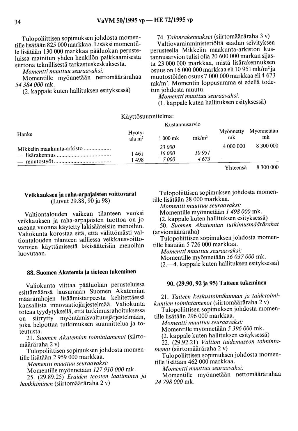 34 VaVM 50/1995 vp- HE 72/1995 vp lisätään 825 000 markkaa.