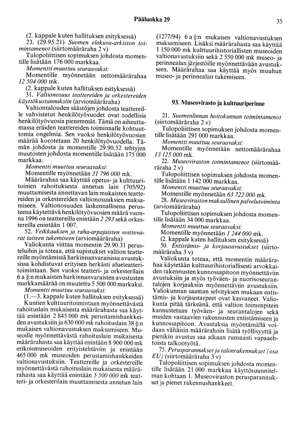 Pääluokka 29 35 23. (29.95.21) Suomen elokuva-arkiston toimintamenot (siirtomääräraha 2 v) lisätään 176 000 markkaa. Momentille myönnetään nettomäärärahaa 12 504 000 mk. 31.
