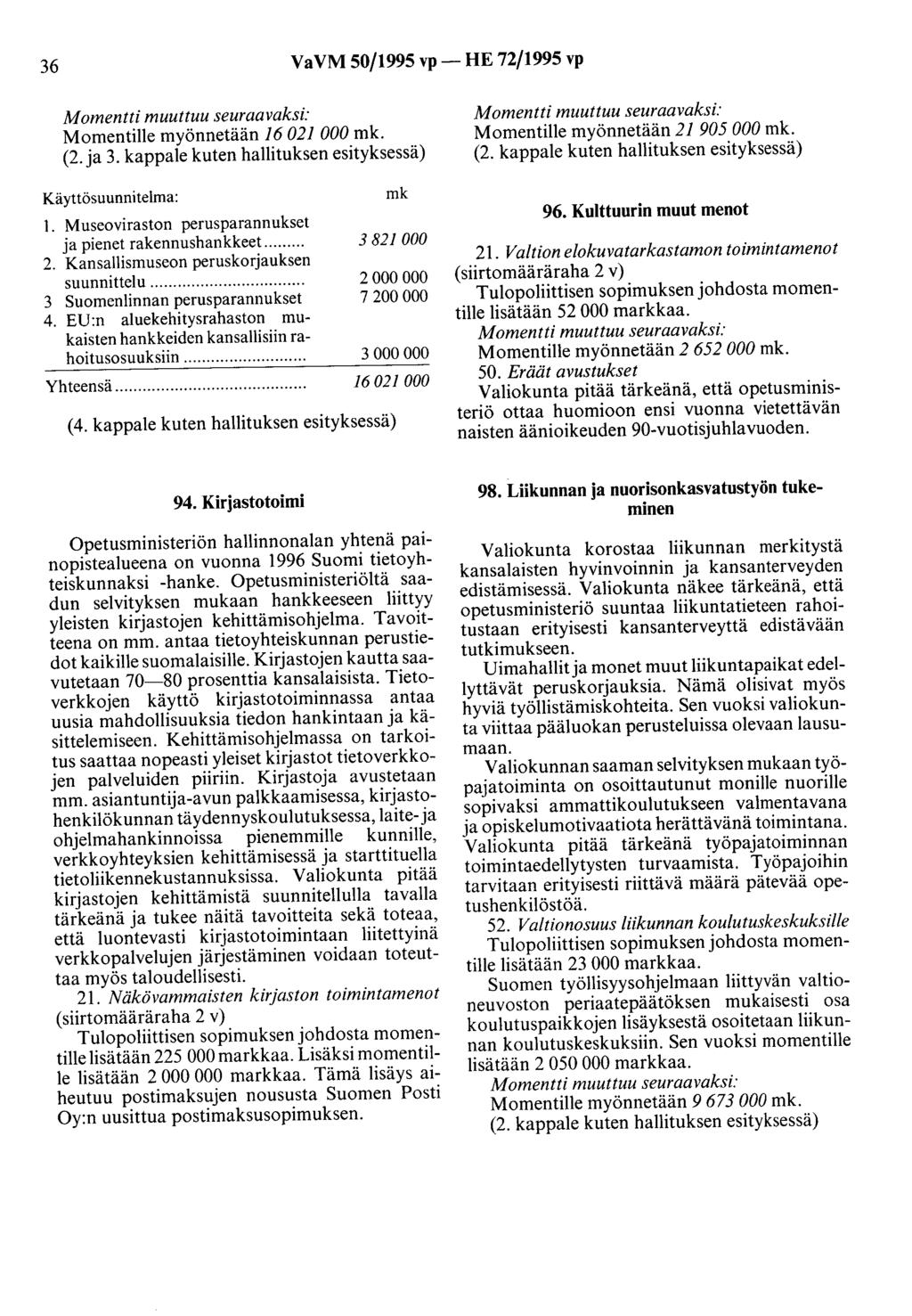 36 VaVM 50/1995 vp- HE 72/1995 vp Momentille myönnetään 16 021 000 mk. (2. ja 3. kappale kuten hallituksen esityksessä) Käyttösuunnitelma: 1. Museoviraston perusparannukset ja pienet rakennushankkeet.