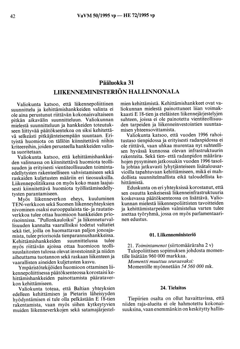 42 VaVM 50/1995 vp- HE 72/1995 vp Pääluokka 31 LIIKENNEMINISTERIÖN HALLINNONALA Valiokunta katsoo, että liikennepoliittinen suunnittelu ja kehittämishankkeiden valinta ei ole aina perustunut