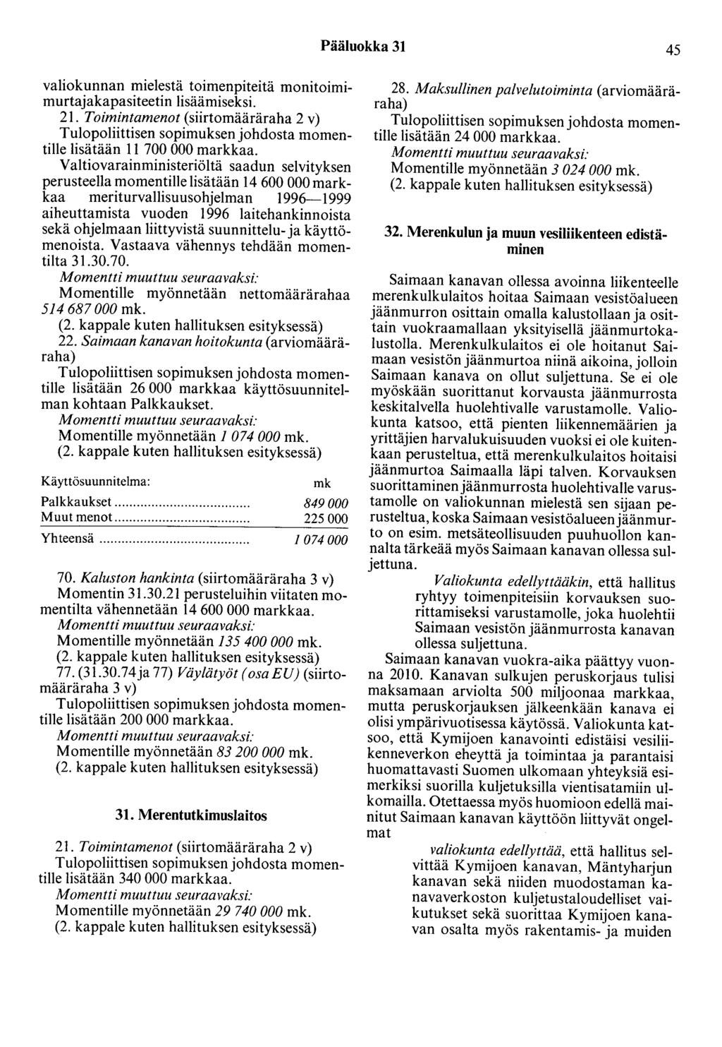 Pääluokka 31 45 valiokunnan mielestä toimenpiteitä monitoimimurtajakapasiteetin lisäämiseksi. lisätään 11 700 000 markkaa.