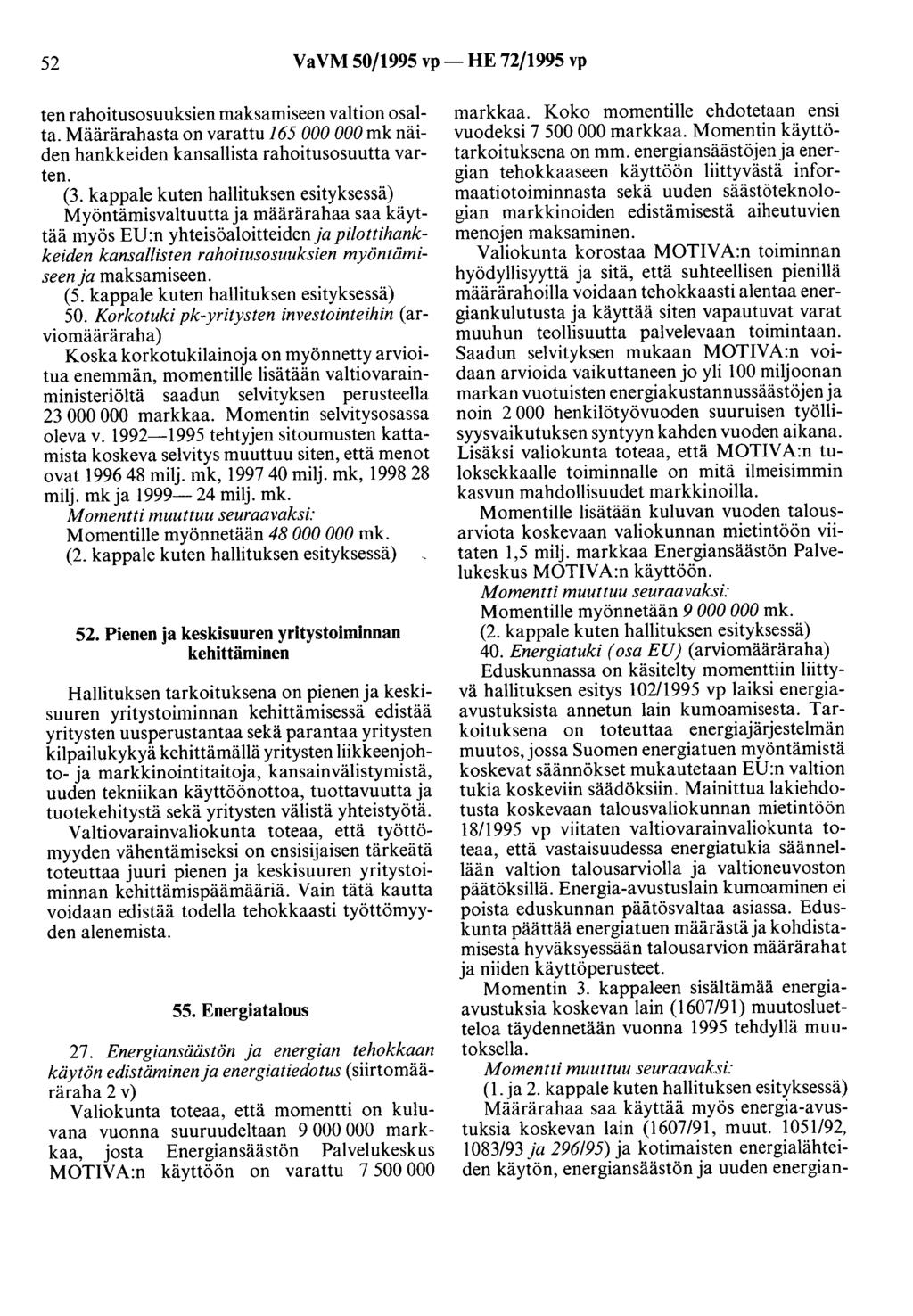 52 VaVM 50/1995 vp- HE 72/1995 vp ten rahoitusosuuksien maksamiseen valtion osalta. Määrärahasta on varattu 165 000 000 mk näiden hankkeiden kansallista rahoitusosuutta varten. (3.