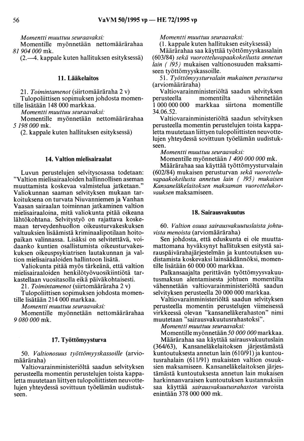 56 VaVM 50/1995 vp- HE 72/1995 vp Momentille myönnetään nettomäärärahaa 81 904 000 mk. (2.--4. kappale kuten hallituksen esityksessä) 11. Lääkelaitos lisätään 148 000 markkaa.