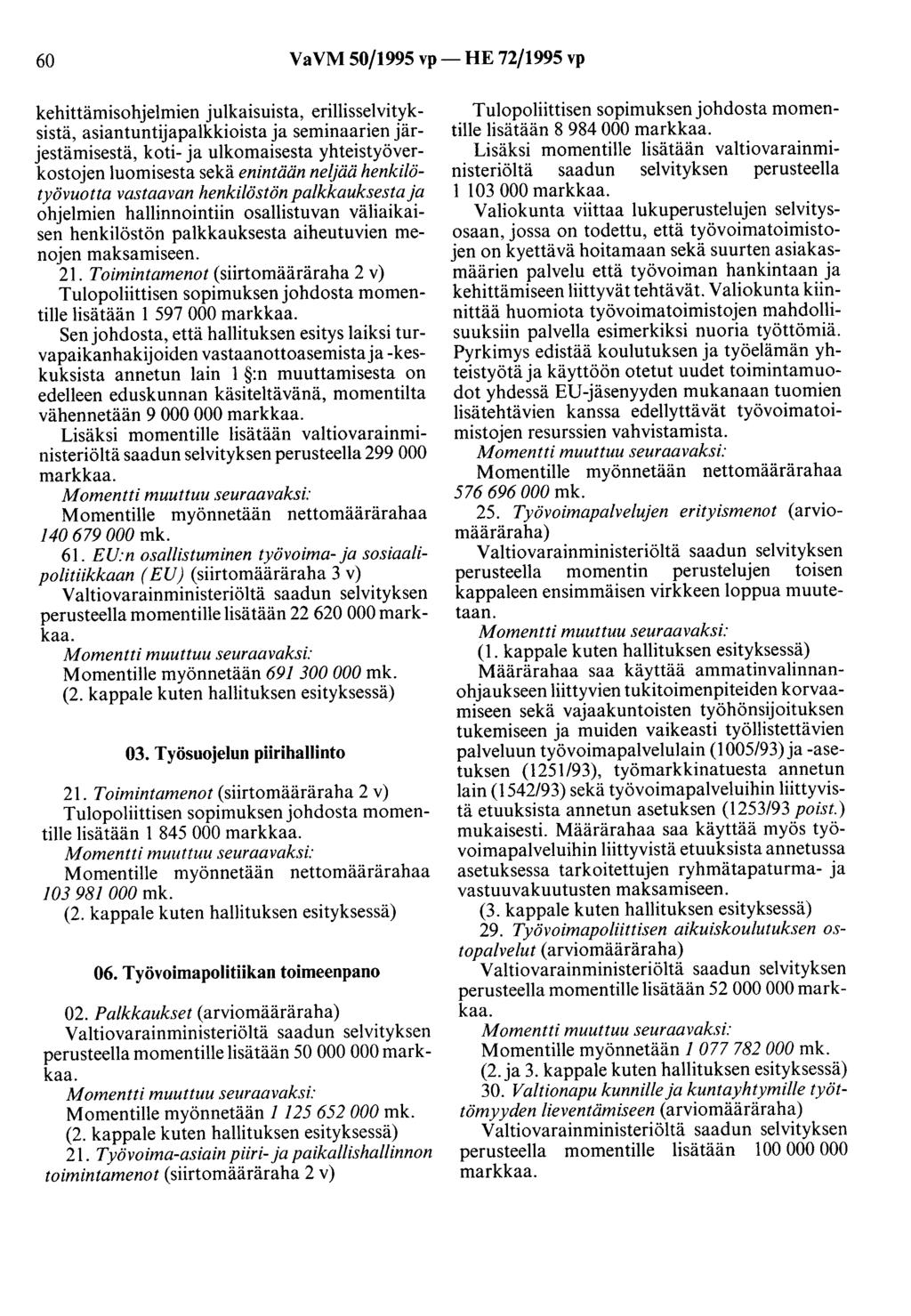 60 VaVM 50/1995 vp- HE 72/1995 vp kehittämisohjelmien julkaisuista, erillisselvityksistä, asiantuntijapalkkioista ja seminaarien järjestämisestä, koti- ja ulkomaisesta yhteistyöverkostojen luomisesta