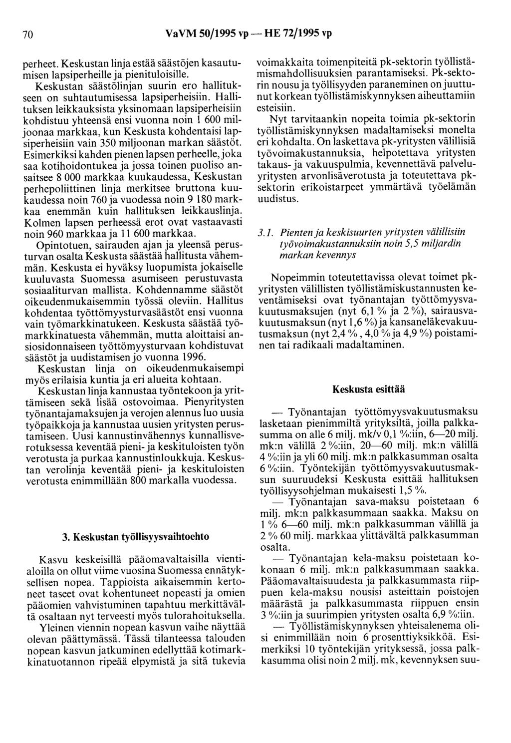 70 VaVM 50/1995 vp- HE 72/1995 vp perheet. Keskustan linja estää säästöjen kasautumisen lapsiperheille ja pienituloisille.
