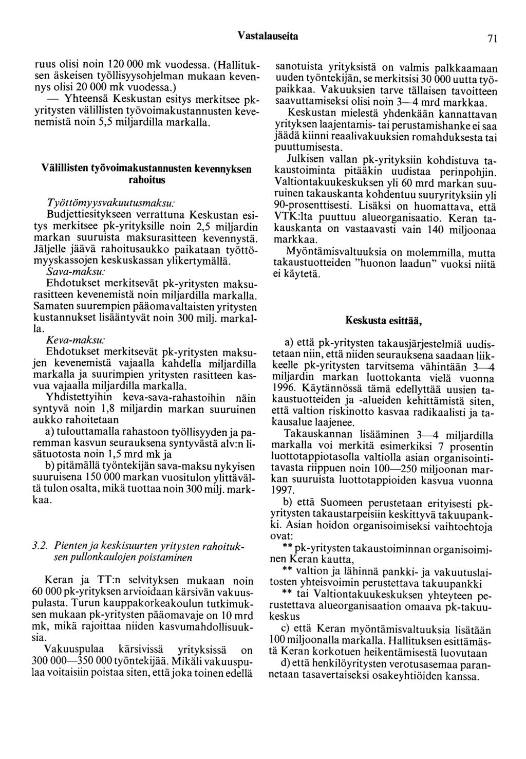 Vastalauseita 71 ruus olisi noin 120 000 mk vuodessa. (Hallituksen äskeisen työllisyysohjelman mukaan kevennys olisi 20 000 mk vuodessa.