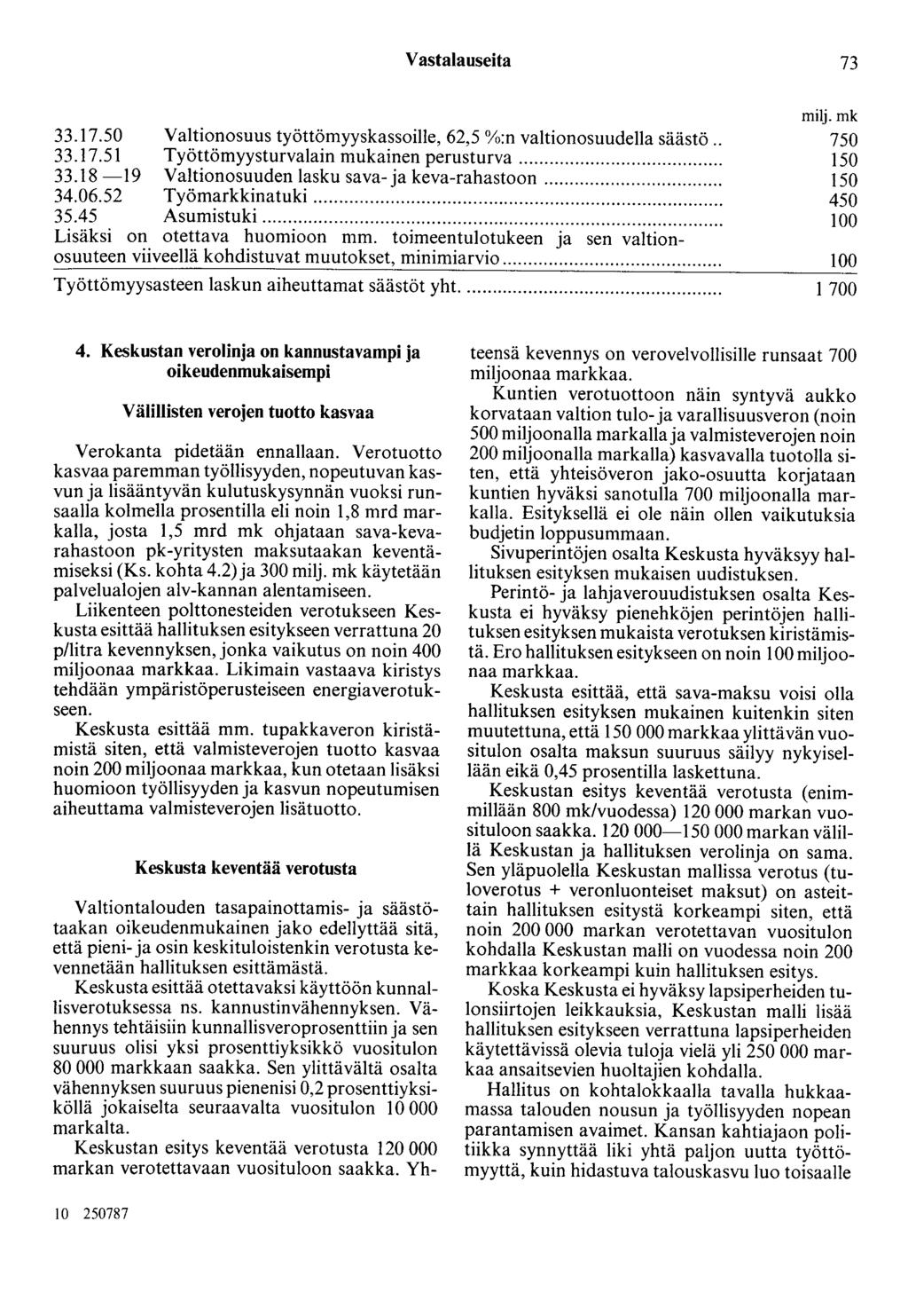Vastalauseita 73 33.17.50 Valtionosuus työttömyyskassoille, 62,5 %:n valtionosuudella säästö.. milj.mk 750 33.17.51 Työttömyysturvalain mukainen perusturva... 150 33.