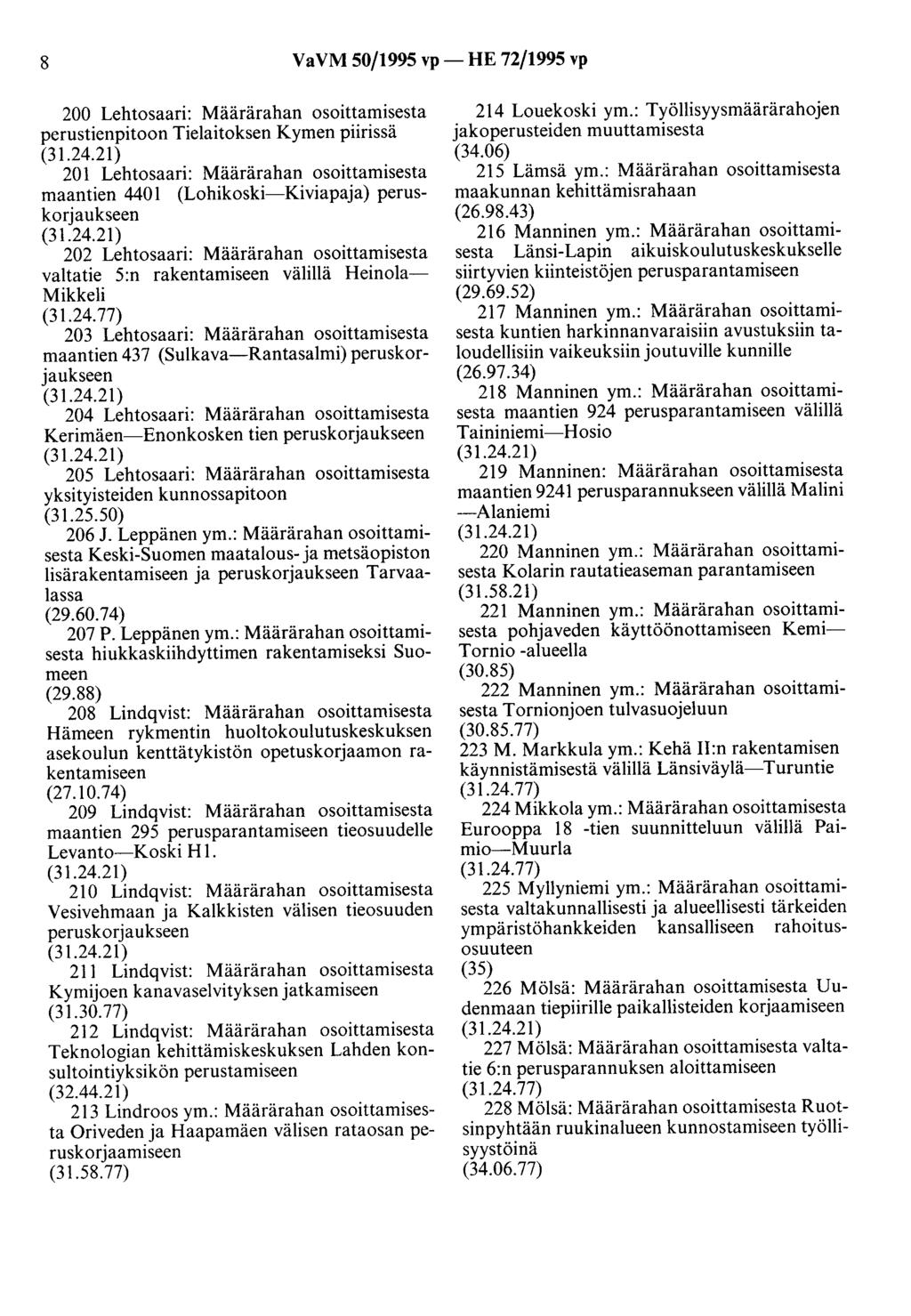 8 VaVM 50/1995 vp- HE 72/1995 vp 200 Lehtosaari: Määrärahan osoittamisesta perustienpitoon Tielaitoksen Kymen piirissä (31.24.