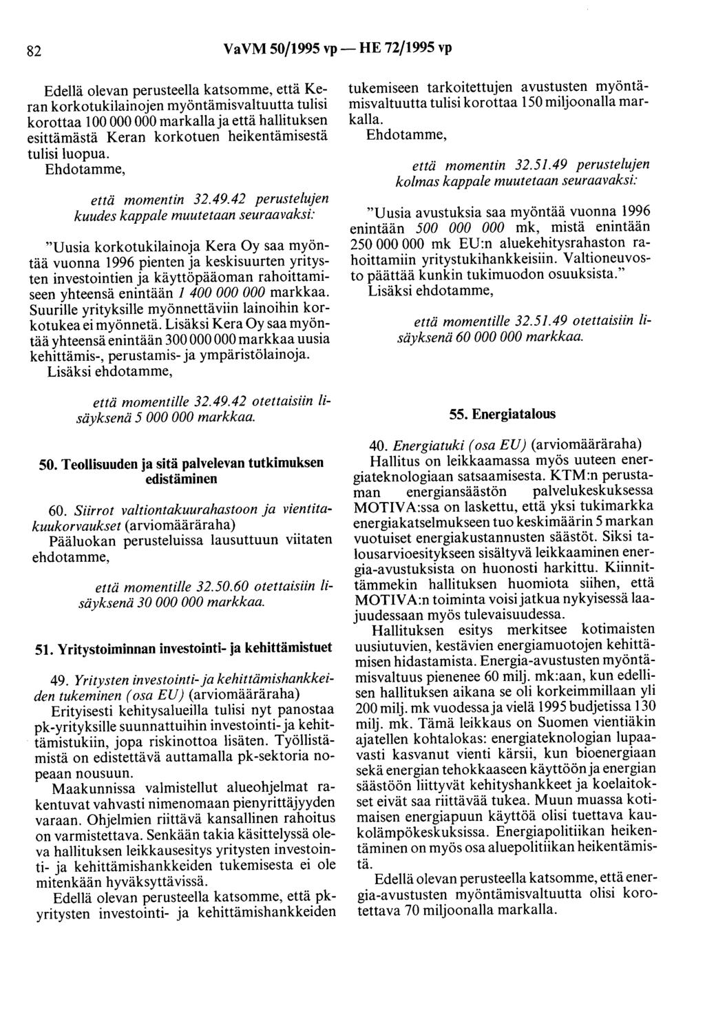82 VaVM 50/1995 vp- HE 72/1995 vp Edellä olevan perusteella katsomme, että Keran korkotukilainojen myöntämisvaltuutta tulisi korottaa 100 000 000 markalla ja että hallituksen esittämästä Keran
