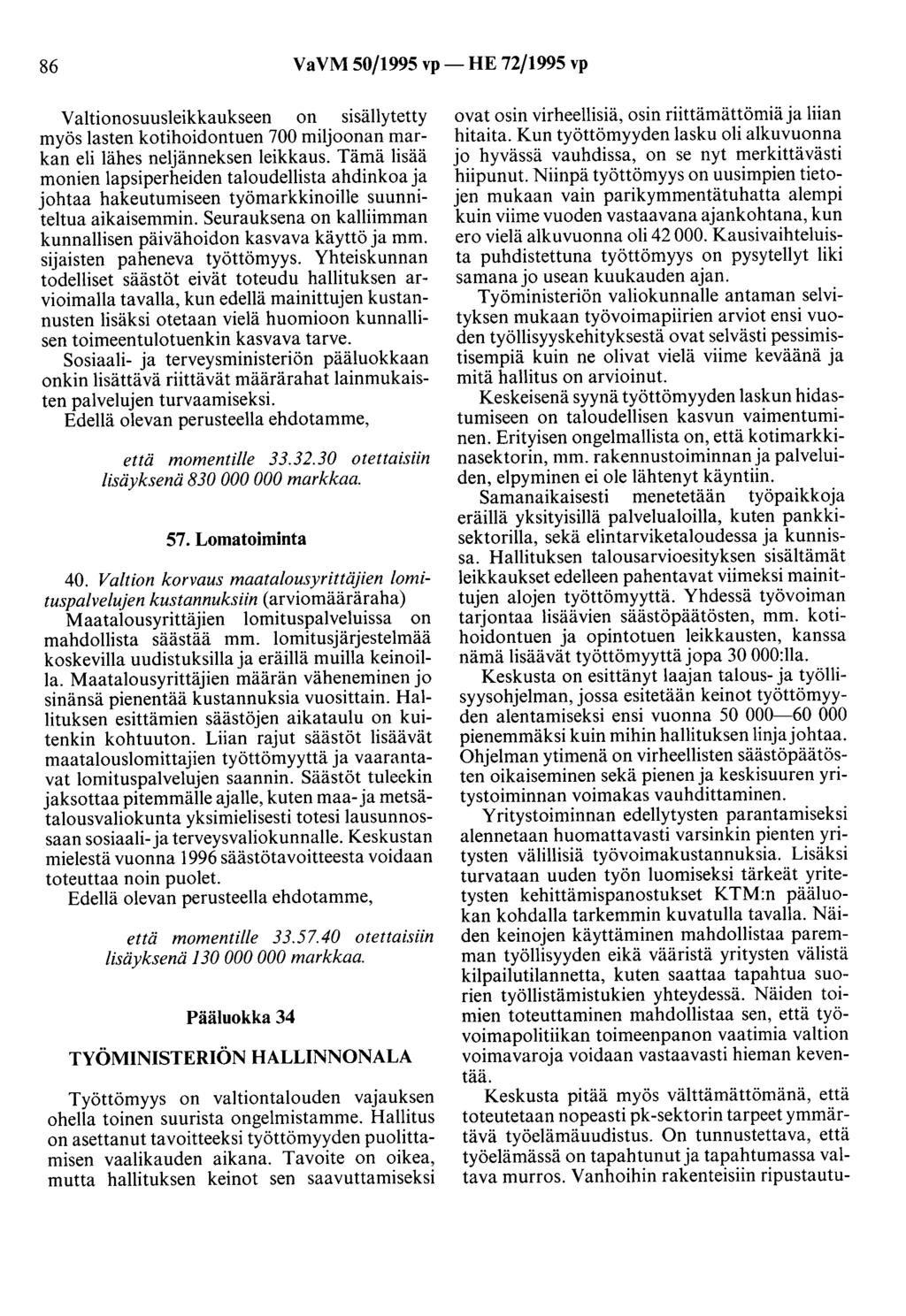 86 VaVM 50/1995 vp- HE 72/1995 vp Valtionosuusleikkaukseen on sisällytetty myös lasten kotihoidontuen 700 miljoonan markan eli lähes neljänneksen leikkaus.