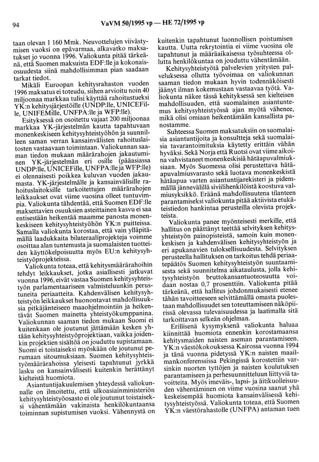94 VaVM 50/1995 vp- HE 12/1995 vp taan olevan 1 160 Mmk. Neuvottelujen viivästymisen vuoksi on epävarmaa, alkavatko maksatukset jo vuonna 1996.