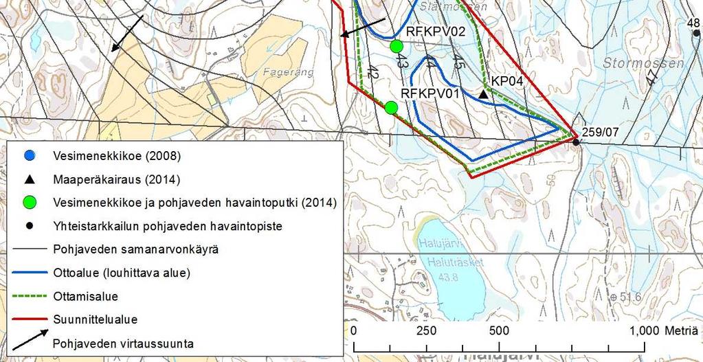 Pohjaveden taso suunnittelualueella vaihtelee noin tasovälillä +42 +49 (Kuva 1). Hankealueella sijaitsee muutamia kallioperän heikkousvyöhykkeitä.