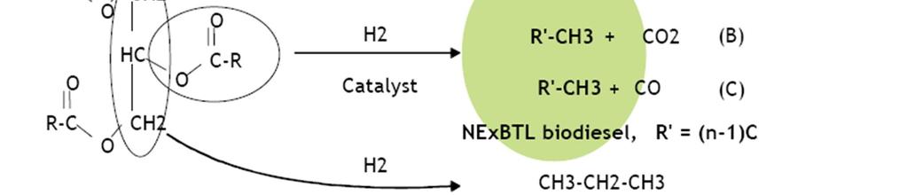 2. Kasviöljyjen hydrogenointi (toisen sukupolven biodiesel) öljy hydrolyysi rasva rasvahapot vety pitkäketjuiset hiilivedyt vesi Lähde: http://www.climatechange.ca.