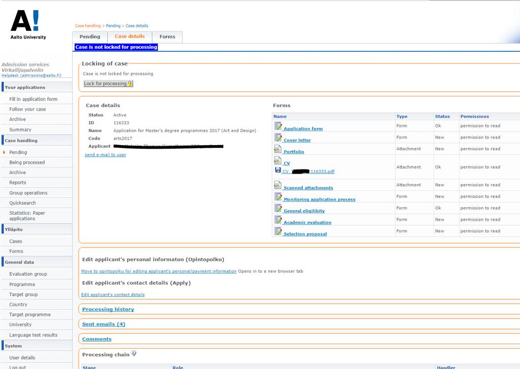 Different forms for the process User s menu