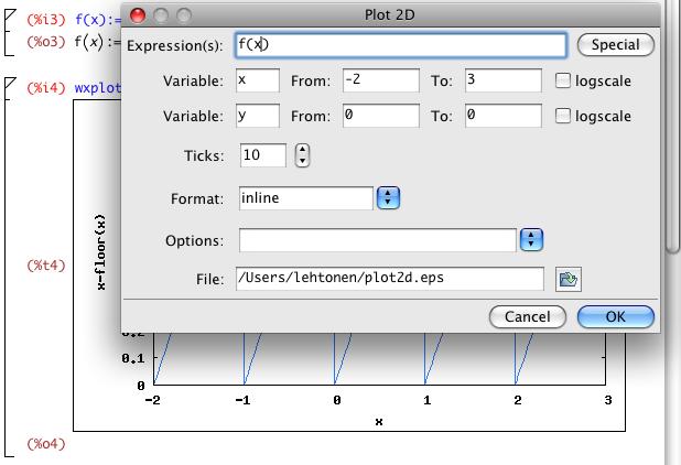 WXMAXIMA-PIKAOPAS 7 Plot 3d.... Sijoita kohtaan Expression(s) piirrettävän funktion lauseke, muuttujan nimi ja vaihteluväli ja klikkaa kohdan File vieressä olevaa Browse-nappia.