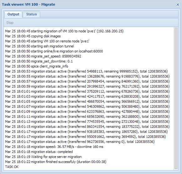 41 Kuva 16. Proxmox VE:n live-migraation tehtävälogi.