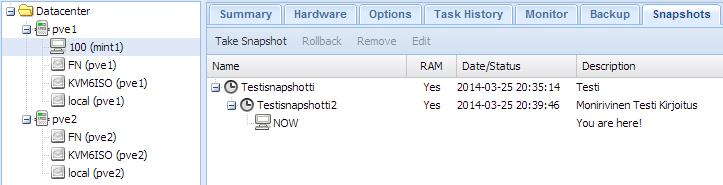 42 4.9 Snapshot ja Backup Proxmox VE:ssä voidaan ottaa snapshotteja tiedosto-muodossa olevista virtuaalikoneista.