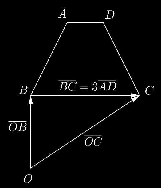 Kärkipisteeseen C päästään kärkipisteestä B kulkemalla vektori BC. Koska sivu BC on yhdensuuntainen sivun AD kanssa ja pituudeltaan kolminkertainen sivuun AD verrattuna, on BC = 3AD.