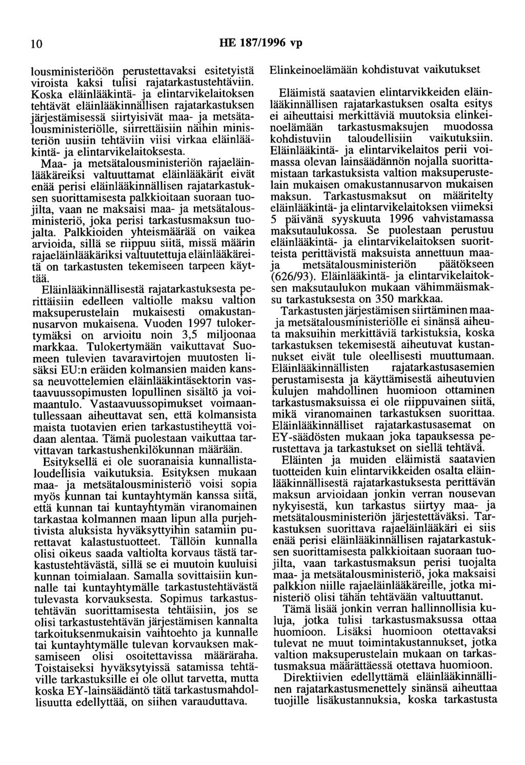 10 HE 187/1996 vp lousministeriöön perustettavaksi esitetyistä viroista kaksi tulisi raatarkastustehtäviin.