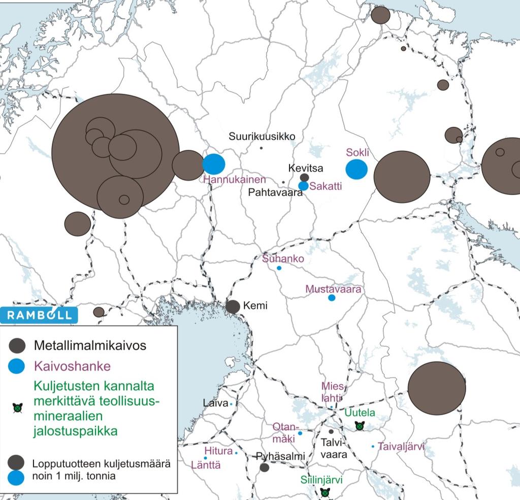 Kuva 3. Pohjois-Suomen kuljetusten kannalta merkittävimmät metallimalmikaivokset ja kaivoshankkeet sekä teollisuusmineraalien jalostuslaitokset. (lähde: Geovista 2016 - Minarals in Barents, GTK 2015).