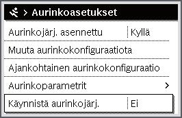5.6 Aurinkolaitteiston asetukset Kuva 15 Valikko Aurinkoasetukset Kun laitteistoon on kytketty aurinkolaitteisto, siihen liittyvät valikot ja valikkokohdat ovat käytettävissä.