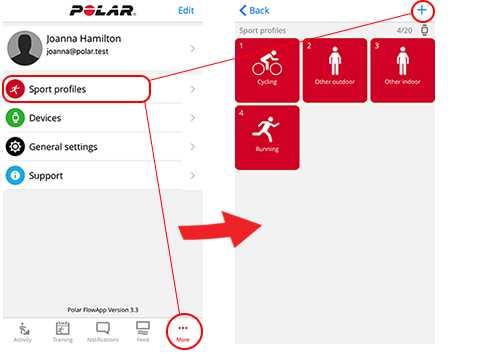 UUDEN LAJIPROFIILIN LISÄÄMINEN Polar Flow -mobiilisovelluksessa: 1. Siirry kohtaan Lajiprofiilit. 2. Napsauta plusmerkkiä oikeassa yläkulmassa. 3. Valitse laji luettelosta.