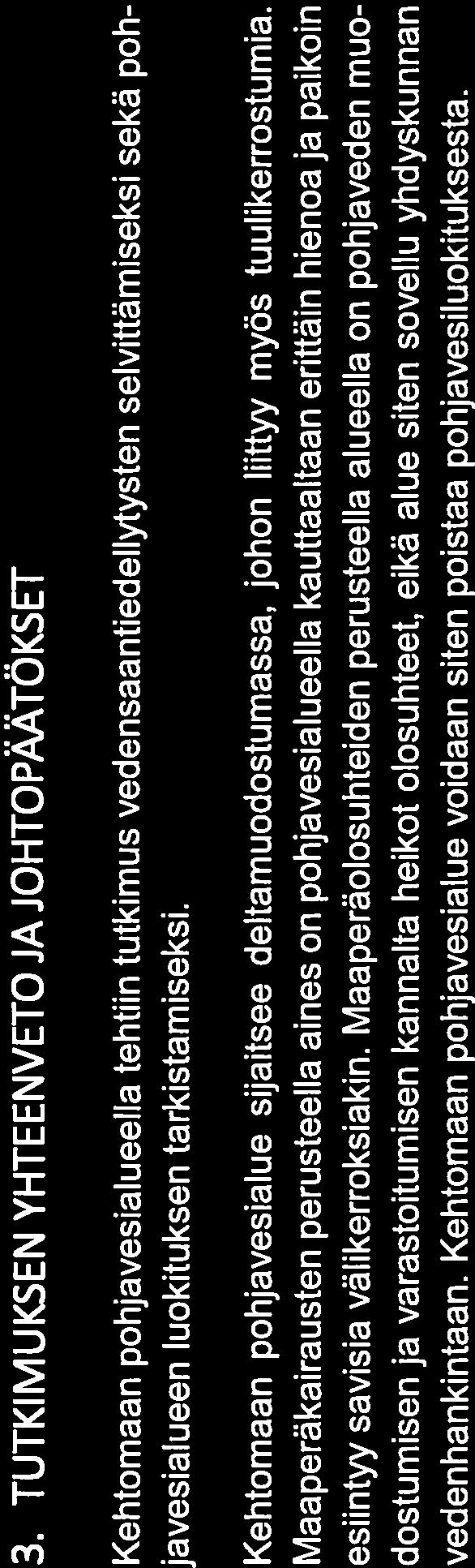 7/7 3. TUTKIMUKSEN YHTEENVETO JA JOHTOPÄÄTÖKSET Kehtomaan pohjavesialueella tehtiin tutkimus vedensaantiedellytysten selvittämiseksi sekä poh javesialueen luokituksen tarkistamiseksi.