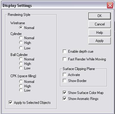 5. Vaihda pallomalliin valitsemalla: Settings Display, valitse CPK (Space filling) (normal) ja paina OK. 6.