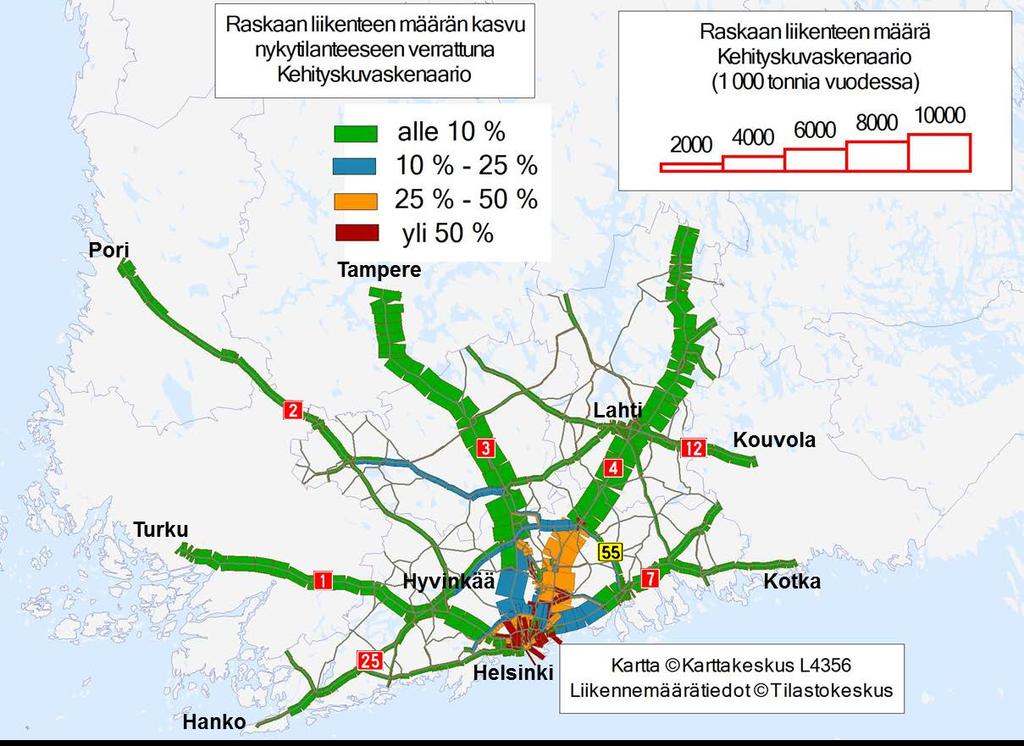 kuljetusmääriksi olettamalla yhden kuorma-autokäynnin vastaavan kymmentä tonnia tavaraa (alueelle saapuvaa ja alueelta lähtevää).