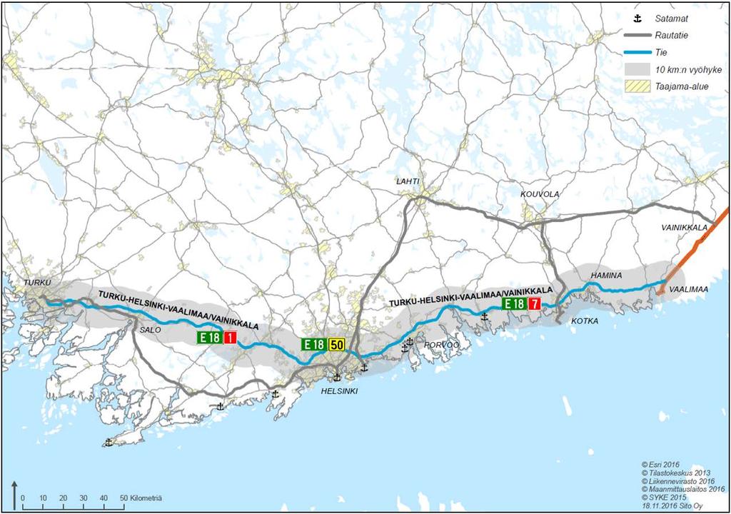 Turku Helsinki Vaalimaa (E18) / Vainikkala -liikennekäytävän erillistarkastelu Selvityksessä tarkasteltiin erikseen Turku Helsinki Vaalimaa/Vainikkala-liikennekäytävää.