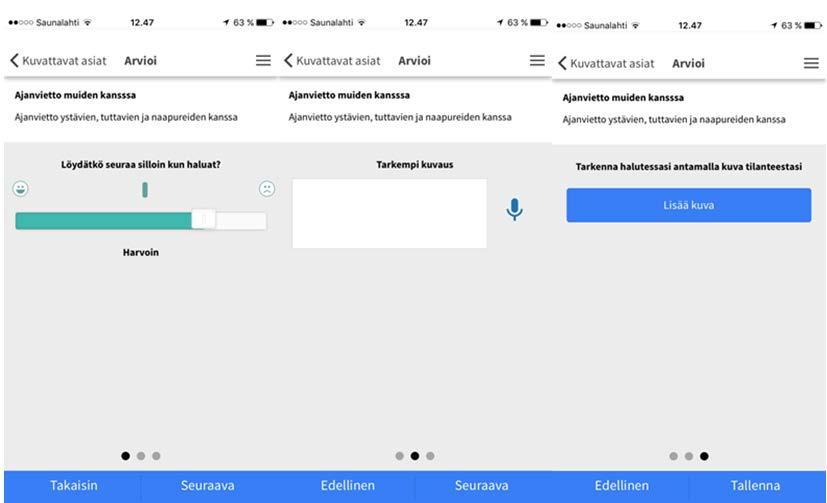 Arvioi-näkymällä näytettiin uudelleen Näyttönimi ja infoteksti, sekä lisäksi kysymys ja vastausasteikkona aikuisten versiossa liukujanana (kuva 5).
