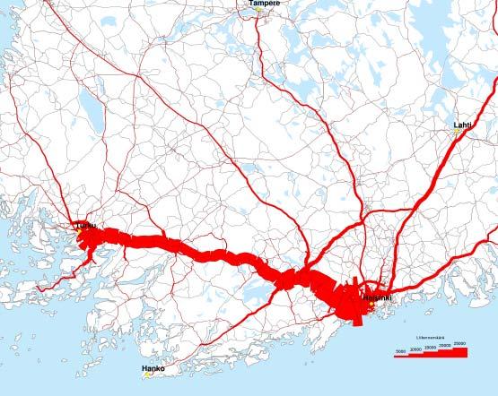 Turku Helsinki -moottoritie parantaa Etelä-Suo- KVL 22 000 (11 790 67 390) KVLRAS 1 740 (510 3 650) men liikenteen sujuvuutta ja alueen elinkeinoelämän edellytyksiä.