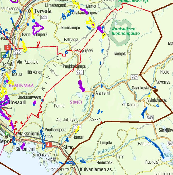 Simo Simon kunnan alueella tutkittiin kahdeksan POSKI-hankkeeseen valittua pohjavesialuetta. Muita pohjavesialueita tai muodostumia ei tutkittu.