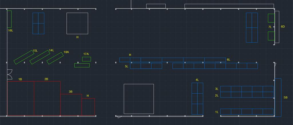 8. Nykyinen layout Sisävarasto jakautuu kolmeen eri osa-alueeseen. Leikkaamon oven edessä on leikkuutavaran säilytys. Pateri-säilytys järjestelmän takana ja vieressä sijaitsee lavahyllyjen paikat.