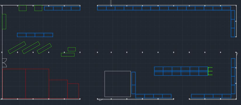 4 KUVA. Layout v.3 8..4 Versio 4 Varaston oikeapuoli otetaan kokonaan hyllyjen käyttöön.