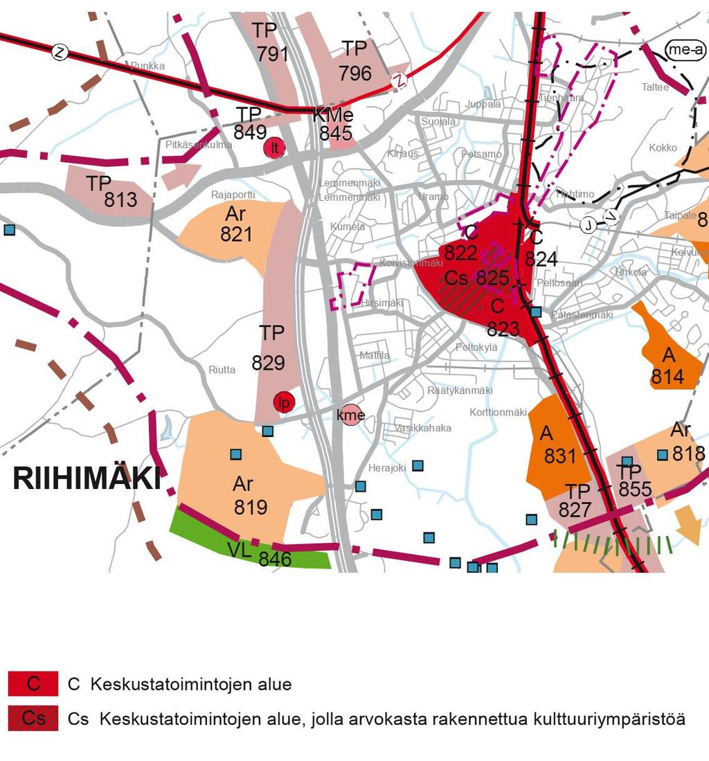 Kuva: 1. Vaihemaakuntakaava (2.4.2014), kaava-alue sijoittuu keskustatoimintojen alueelle (C) 4.2. Yleiskaava Kaupunginvaltuusto on hyväksynyt 9.6.1997 Riihimäen yleiskaavan 2010.