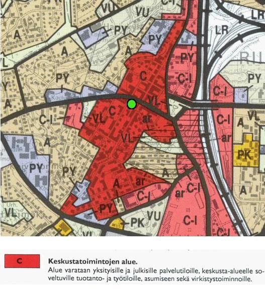Kuva: Ote Riihimäen yleiskaavasta 2010. Alueen sijainti on merkitty vihreällä ympyrällä Koko kaupungin kattava Riihimäen yleiskaava 2035 on valmisteilla.