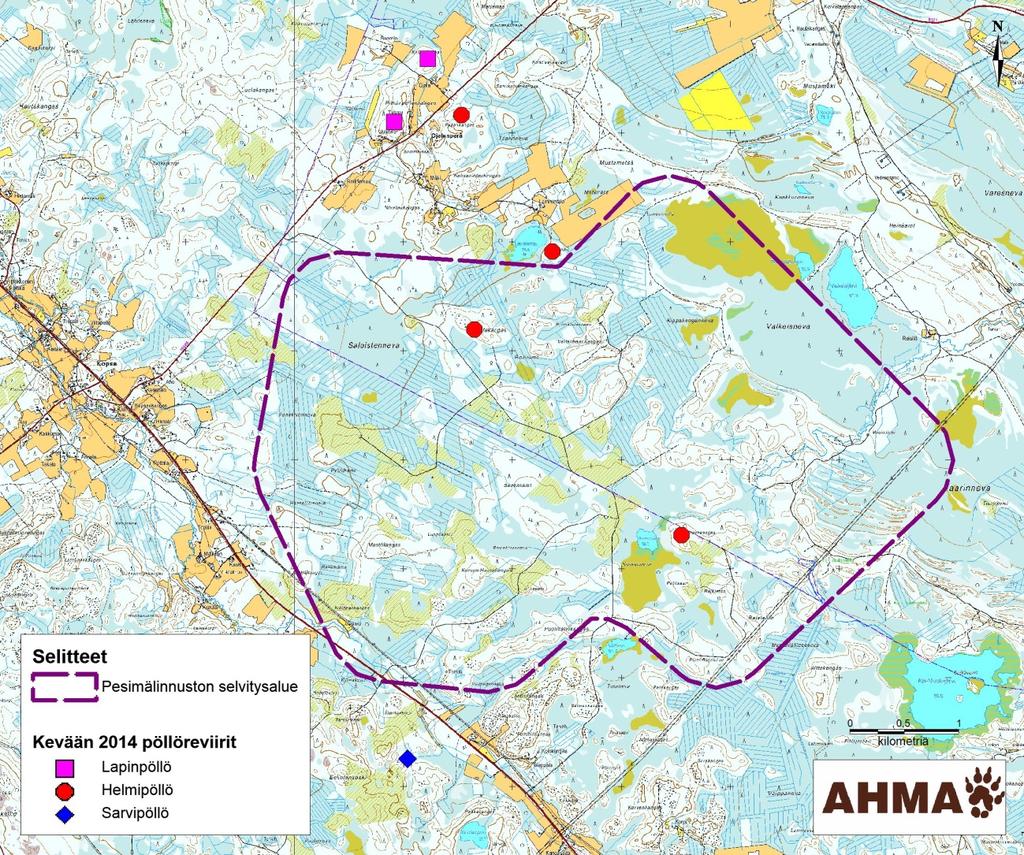 15 Kuva 6-1. Pöllöjen havaintopaikat selvitysalueella ja sen tuntumassa keväällä 2014. Mastokankaan hankealueelta tai sen tuntumasta löydettiin keväällä 2014 yhteensä 6 7 pöllöreviiriä (Kuva 6-1).