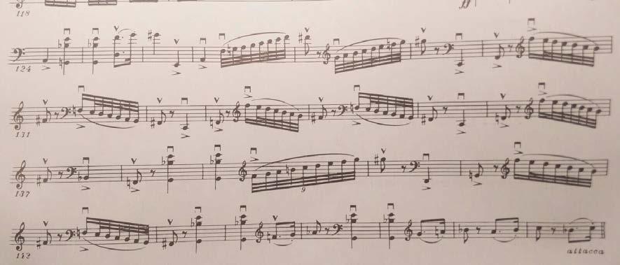 6 Kuvio 4. Kadenssin loppu. Laskevat ja nousevat asteikot nostattavat tunnelman finaalin rytinään (Shostakovitsh 1983b, s. 37, tahdit 124-148).