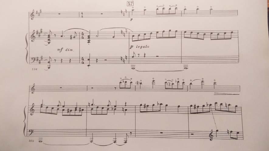5 Kuvio 3. Toisen osan lopun teema celestan kanssa. Sello soittaa keinotekoisia huiluääniä (Shostakovitsh 1983b, s. 33, tahdit 158-163).