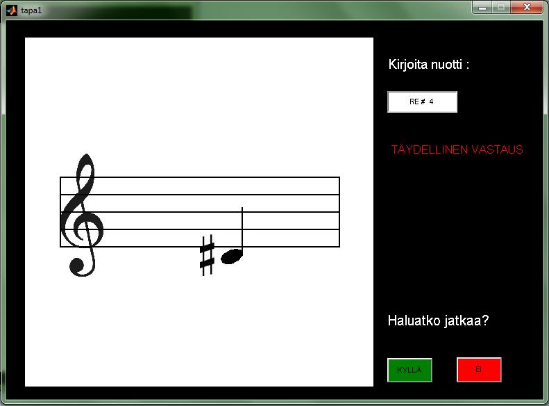 46 Kuva 8.2 Osittain oikea vastaus Kuvassa 8.3 ohjelmalle on annettu oikea nuotti ja sen oktaavi. Kuva 8.3 Täydellinen vastaus 8.