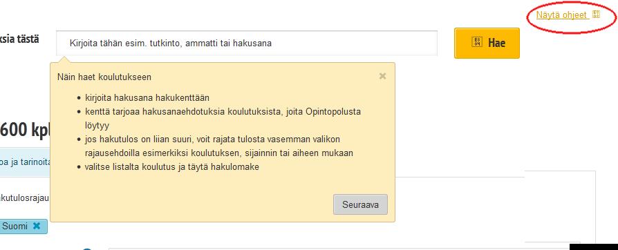 Hakutulossivun ohjeet Napsauttamalla Näytä