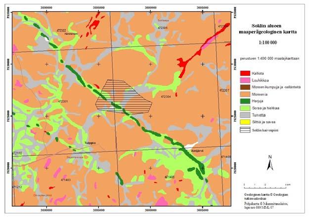 16WWE1516 73 Kuva 0.3 Soklin alueen yleispiirteinen maaperägeologinen kartta. Vaihtoehdossa VE3 Putki-1 ja VE3 Putki-2 lietejohto kulkee alkumatkan, noin 7,6 km, samaa reittiä.